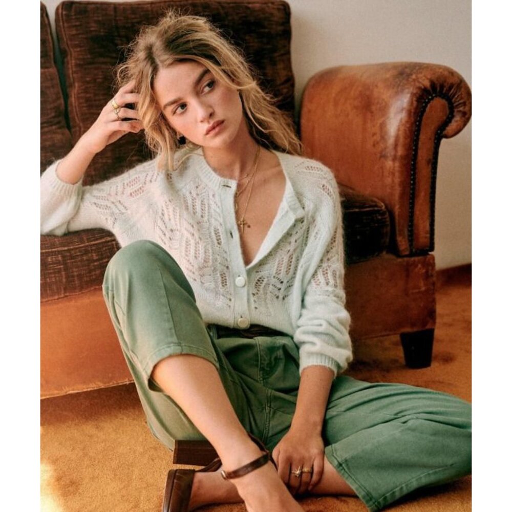 EUC Sezane Tonio Mohair Wool Fancy Knit Cardigan Seafoam Small - Picture 2 of 7